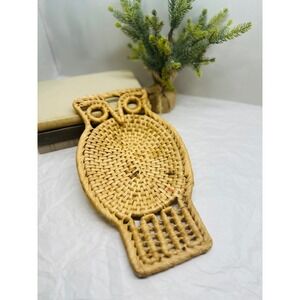 Vintage Woven Wicker Owl Tray Boho Wall Decor Natural Straw Raffia Catchall
